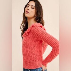 Anthropologie Ruffled Boat Neck Sweater in Waffle Neck size Small